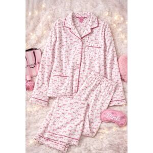 Victoria's Secret PINK Dog Print Pajama Set Pink Button Top Pants Sleepwear M